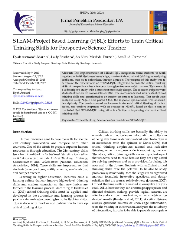 (PDF) STEAM-Project Based Learning (PjBL): Efforts to Train Critical ...