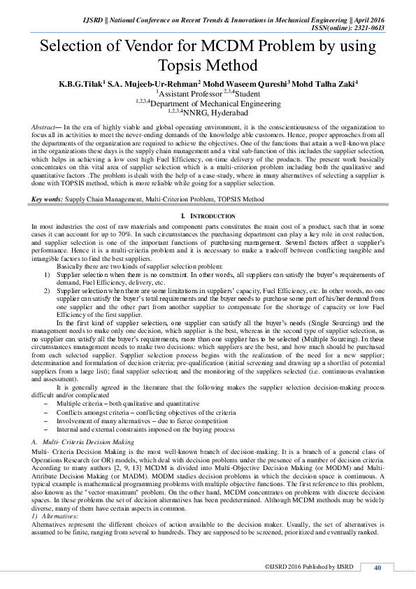 (PDF) Selection of Vendor for MCDM Problem by using Topsis Method