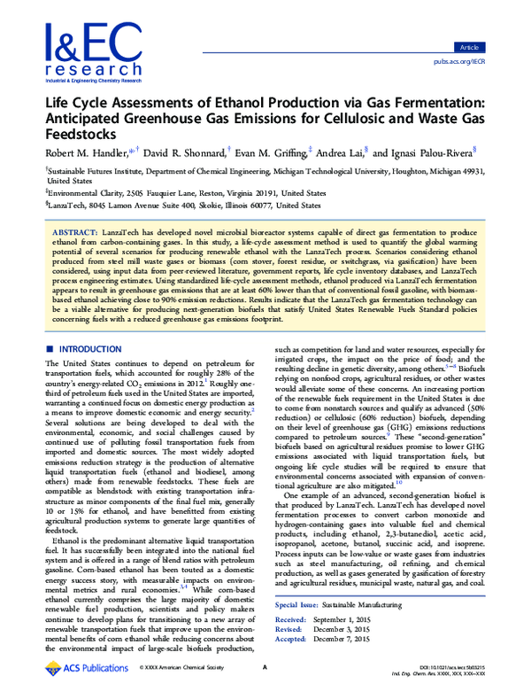 (PDF) Life Cycle Assessments of Ethanol Production via Gas Fermentation ...