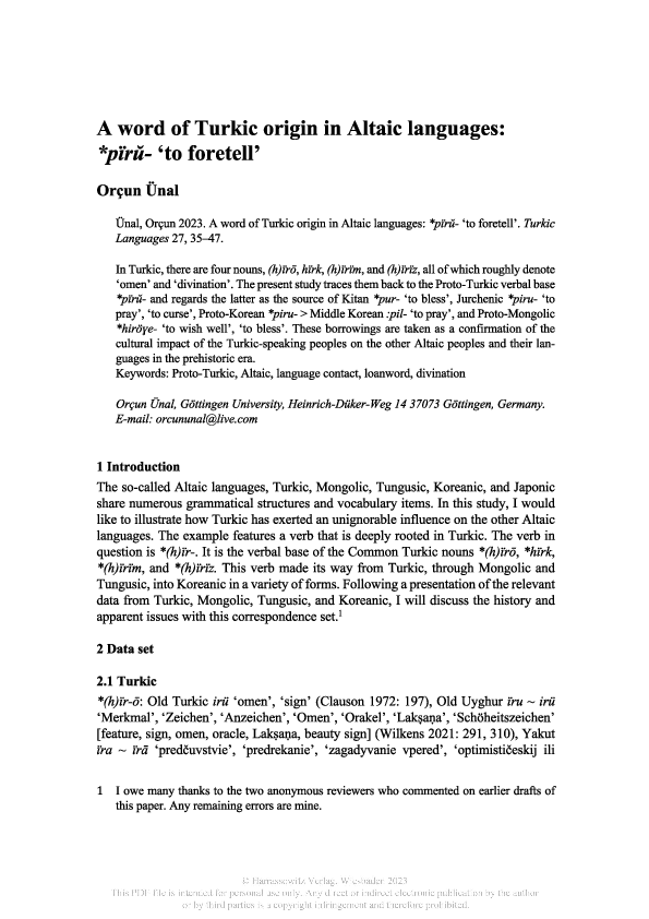 (PDF) A Word of Turkic Origin in Altaic Languages: *pïrŭ- ‘to Foretell’