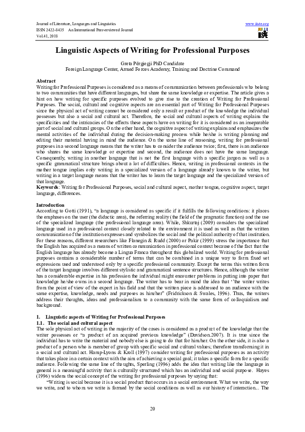 (PDF) Linguistic Aspects of Writing for Professional Purposes