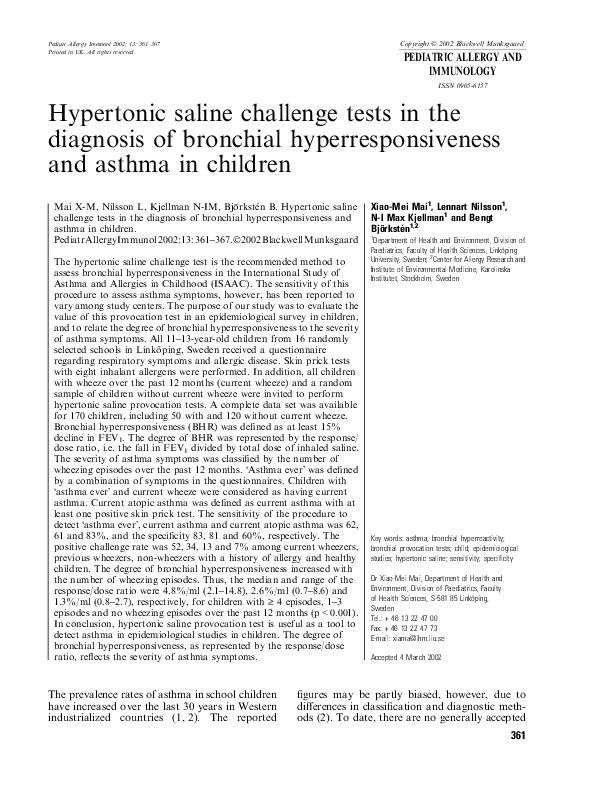 Hypertonic saline challenge tests in the diagnosis of bronchial hyperresponsiveness and asthma in children