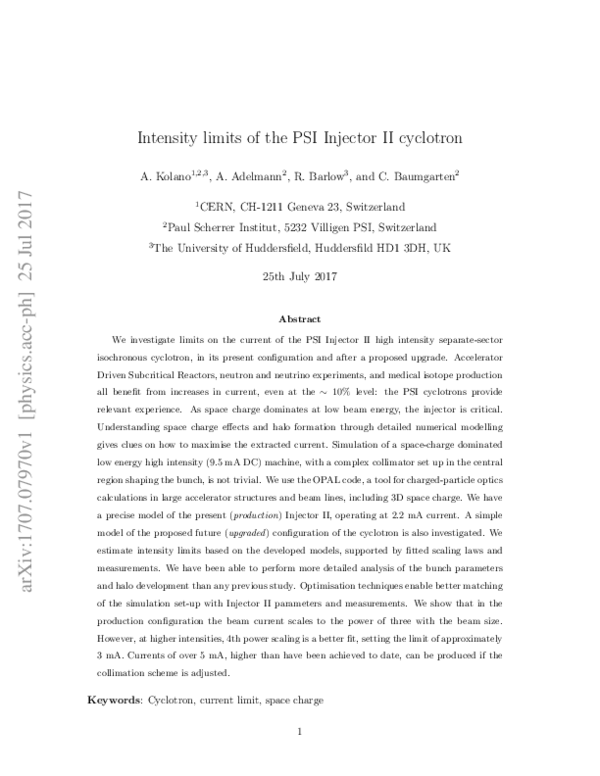 (PDF) Intensity limits of the PSI Injector II cyclotron