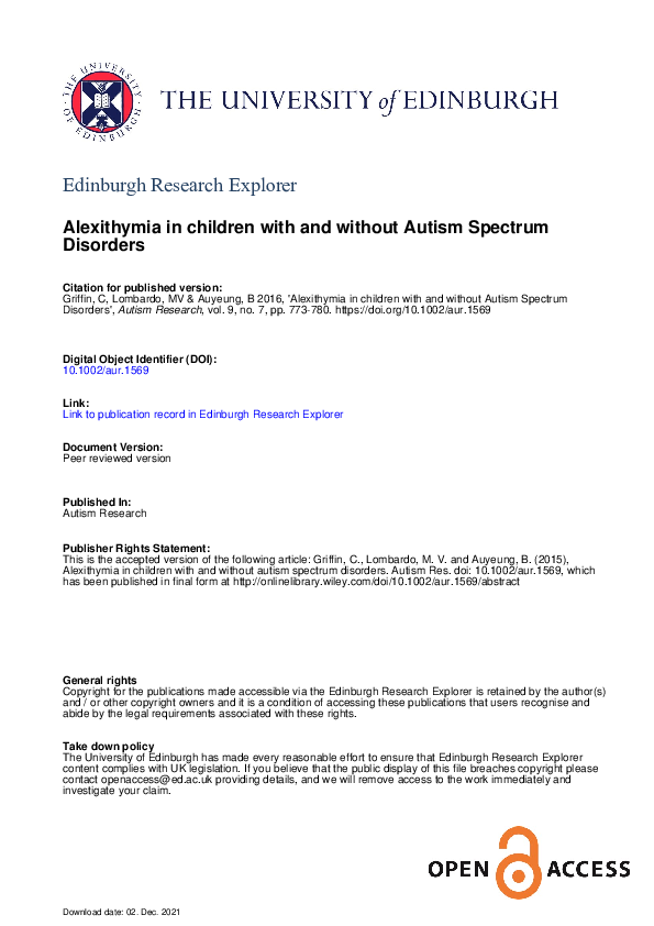 (PDF) Alexithymia in children with and without autism spectrum disorders
