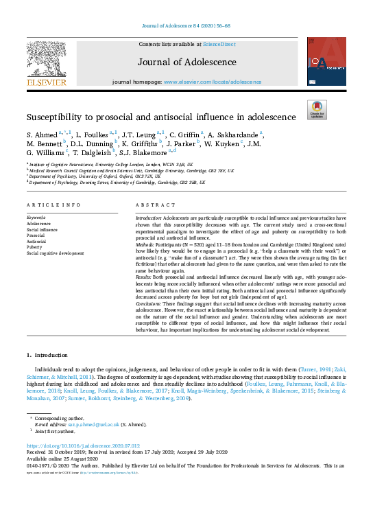 (PDF) Susceptibility to prosocial and antisocial influence in adolescence