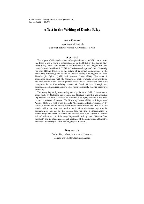 (PDF) Affect in the Writing of Denise Riley