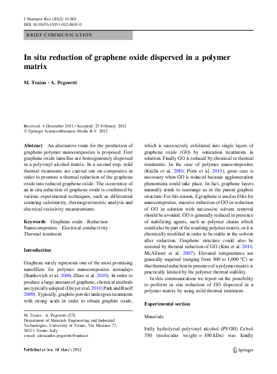 (PDF) In situ reduction of graphene oxide dispersed in a polymer matrix