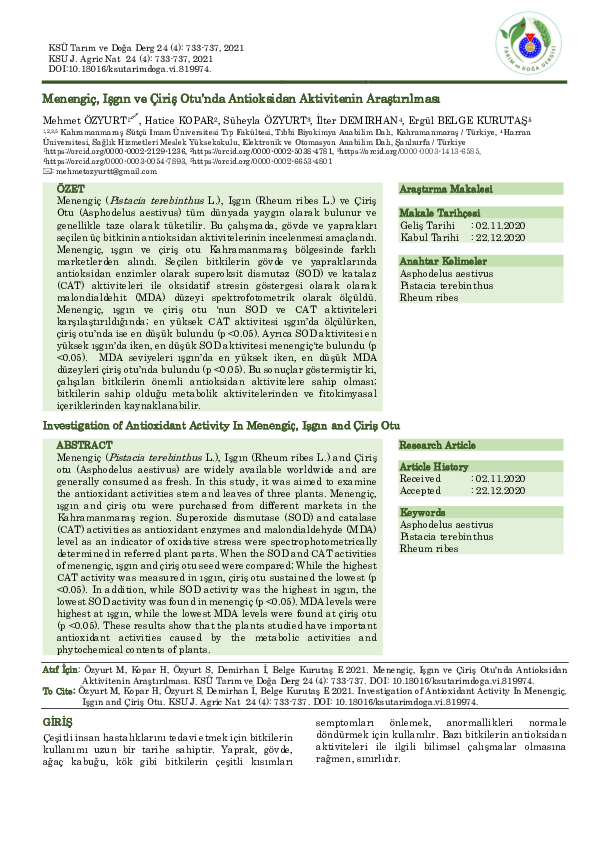 (PDF) Investigation of Antioxidant Activity In Menengiç, Işgın and ...