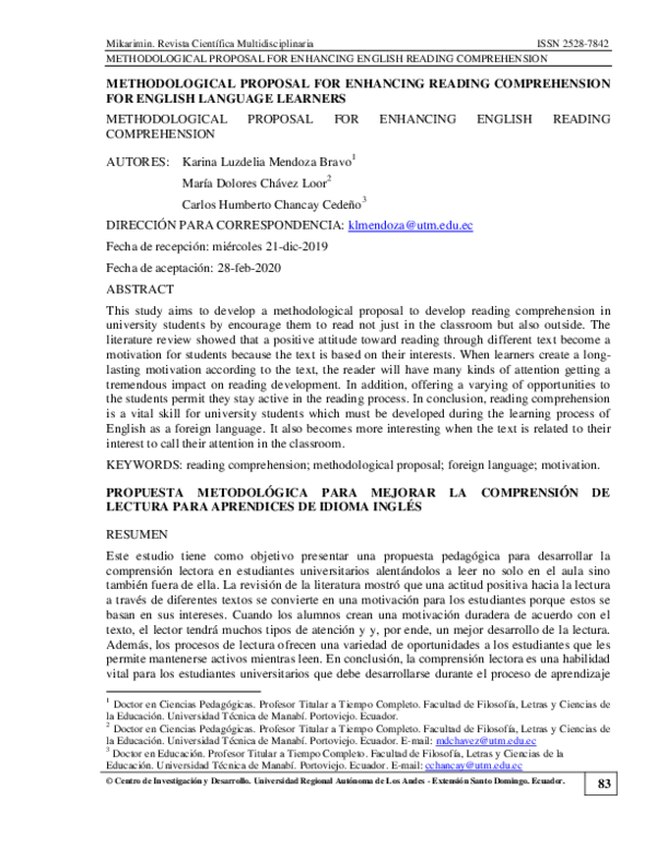 (PDF) Methodological Proposal for Enhancing Reading Comprehension for ...