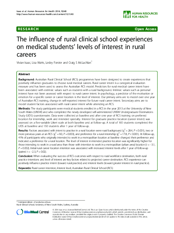 (PDF) The influence of rural clinical school experiences on medical ...