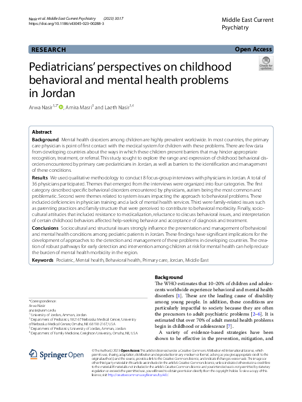 Pediatricians’ perspectives on childhood behavioral and mental health problems in Jordan