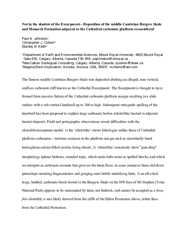 Not in the shadow of the Escarpment-Deposition of the middle Cambrian Burgess Shale and Monarch Formation adjacent to the Cathedral carbonate platform reconsidered