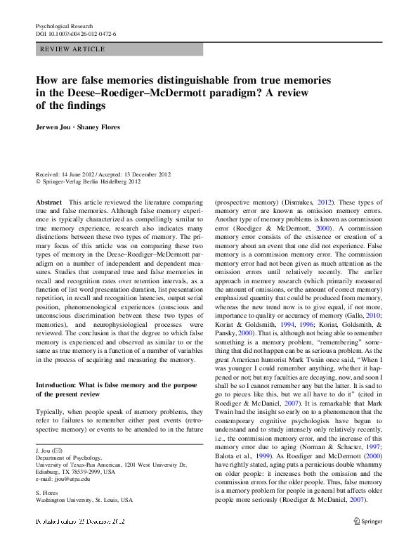 (PDF) How are false memories distinguishable from true memories in the ...