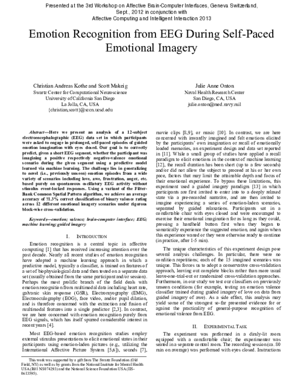 (PDF) Emotion Recognition from EEG during Self-Paced Emotional Imagery