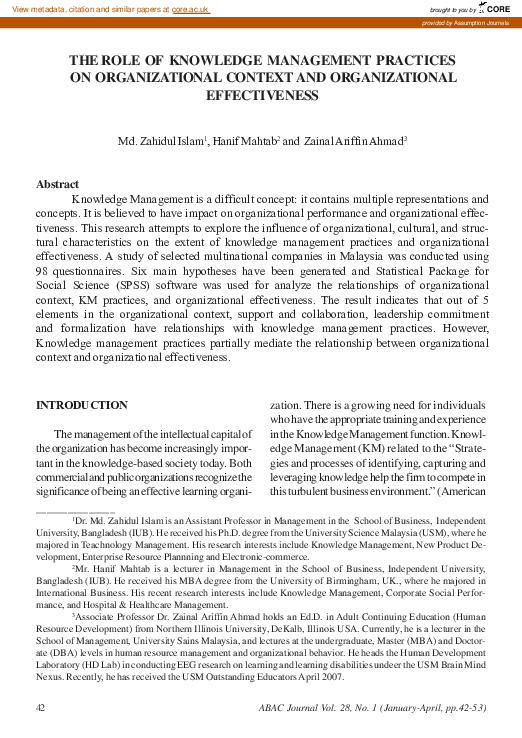 (PDF) The Role of Knowledge Management Practices on Organizational ...