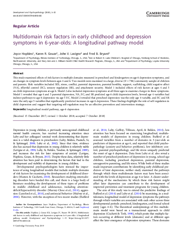 (PDF) Multidomain risk factors in early childhood and depression ...