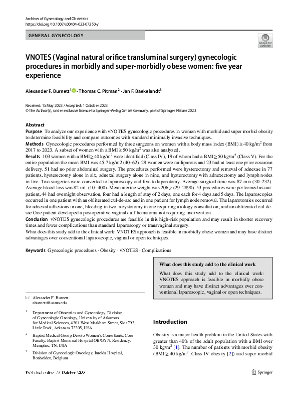 (PDF) vNOTES (vaginal natural orifice transluminal surgery) gynecologic ...