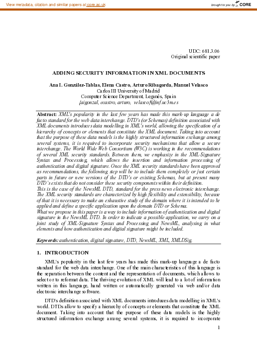 (PDF) Adding Security Information in XML Documents