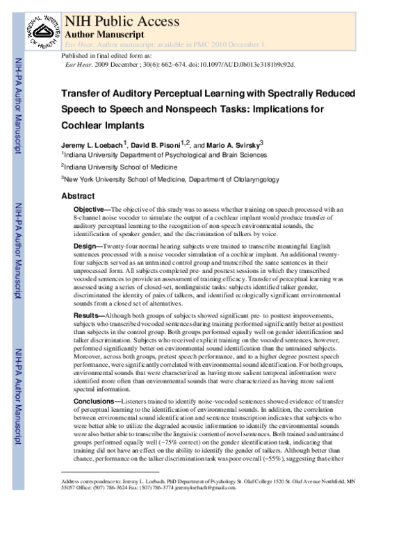 (PDF) Transfer of Auditory Perceptual Learning with Spectrally Reduced ...