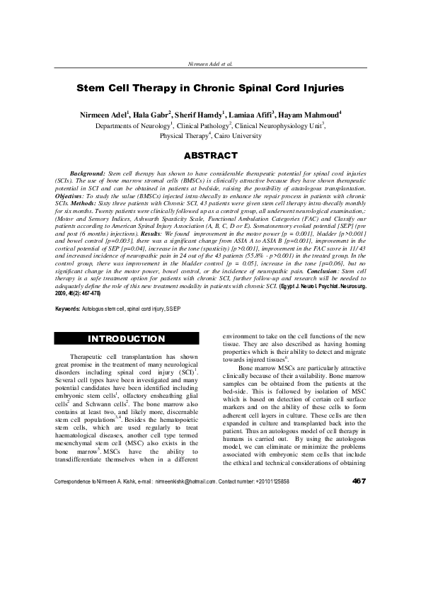(PDF) Stem cell therapy in chronic spinal cord injuries