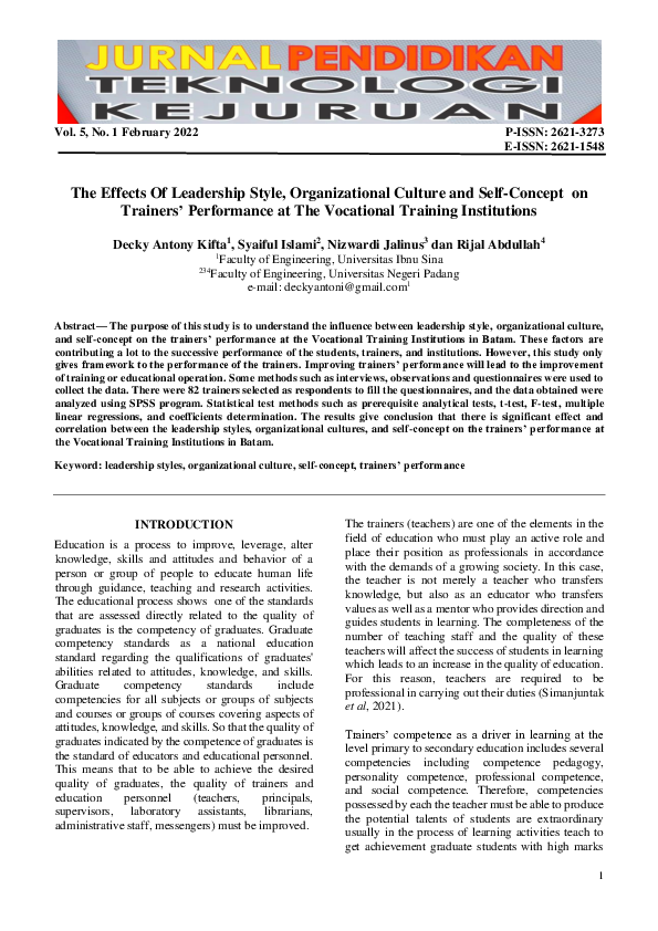 (PDF) The Effects Of Leadership Style, Organizational Culture and Self ...