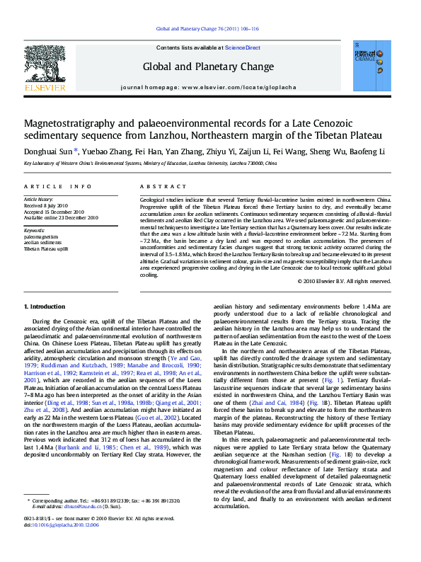 Magnetostratigraphy and palaeoenvironmental records for a Late Cenozoic sedimentary sequence from Lanzhou, Northeastern margin of the Tibetan Plateau