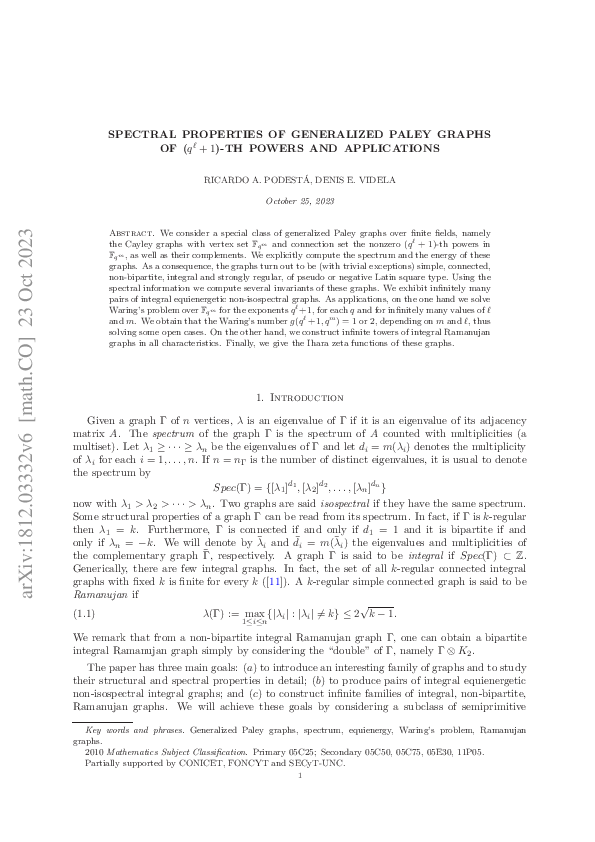 (PDF) The spectra of generalized Paley graphs of $q^\ell+1$-th powers ...