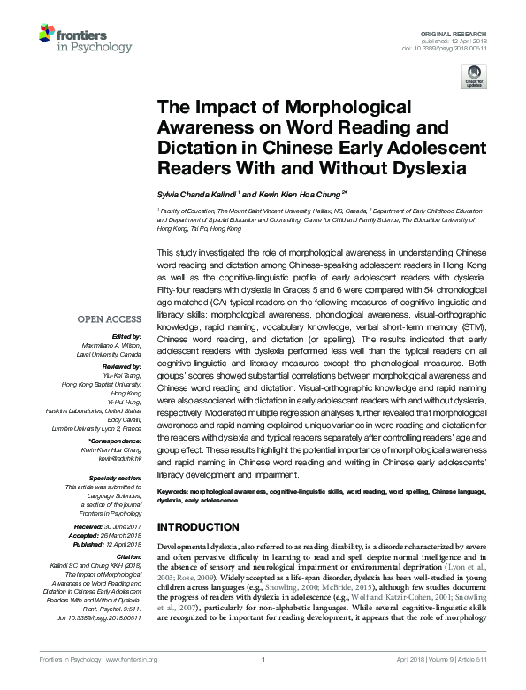 (PDF) The Impact of Morphological Awareness on Word Reading and ...
