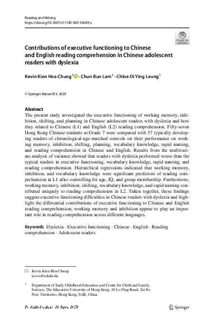 (PDF) Contributions of executive functioning to Chinese and English ...