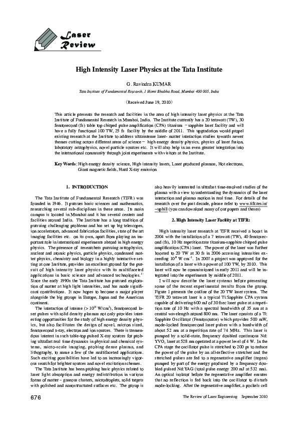 (PDF) High Intensity Laser Physics at the Tata Institute