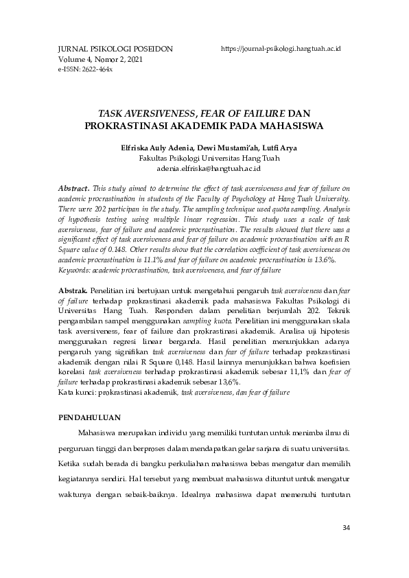 (PDF) Task Aversiveness, Fear of Failure Dan Prokrastinasi Akademik ...
