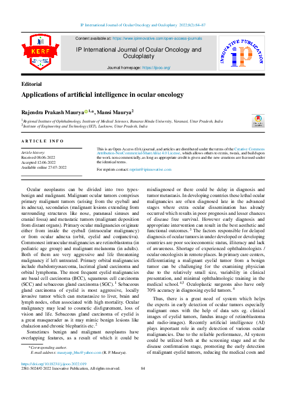 (PDF) Applications of artificial intelligence in ocular oncology