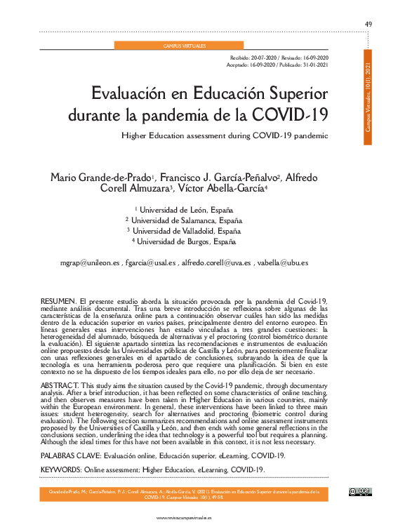 (PDF) Evaluación en Educación Superior durante la pandemia de la COVID-19