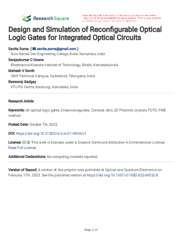 (PDF) Design and Simulation of Reconfigurable Optical Logic Gates for ...