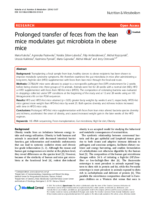 (PDF) Prolonged transfer of feces from the lean mice modulates gut ...