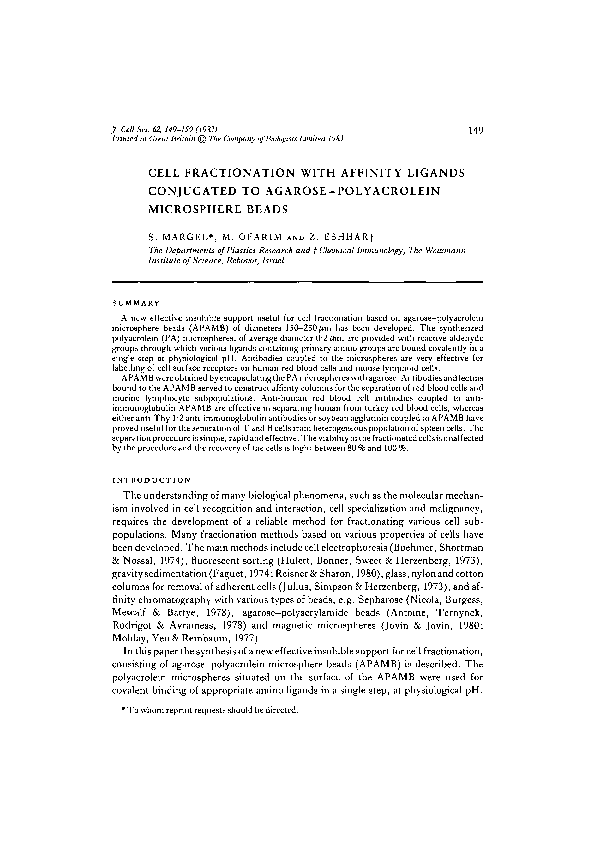 (PDF) Cell fractionation with affinity ligands conjugated to agarose ...
