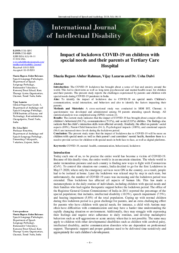 (PDF) Impact of lockdown COVID-19 on children with special needs and ...