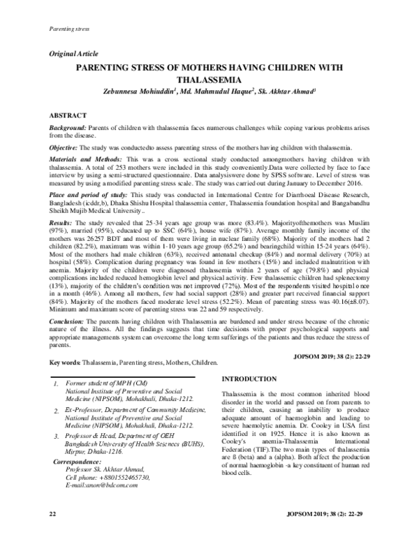 (PDF) Parenting Stress of Mothers Having Children with Thalassemia