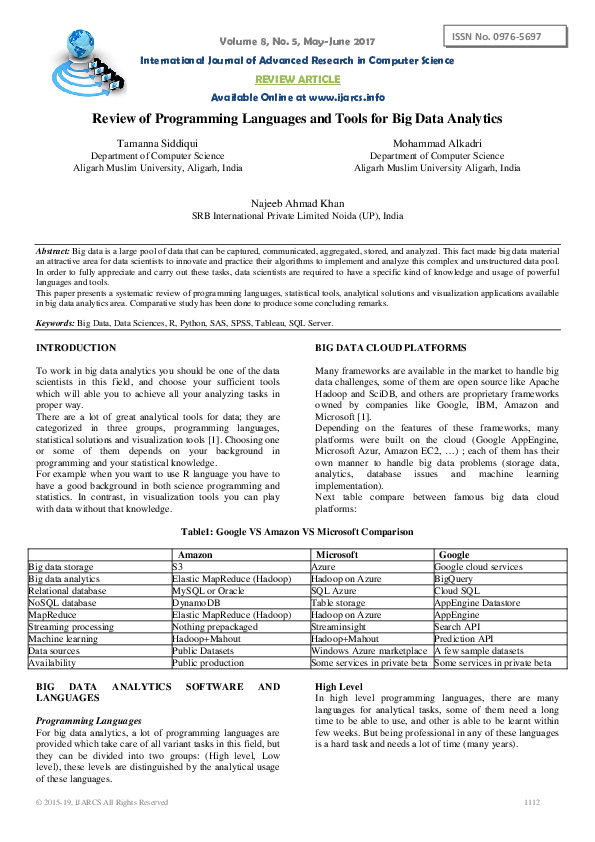 (PDF) Review of Programming Languages and Tools for Big Data Analytics