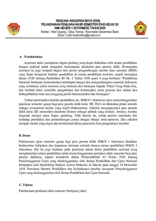 (DOC) RENCANA ANGGARAN BIAYA (RAB) PELAKSANAAN PENILAIAN AKHIR SEMESTER ...