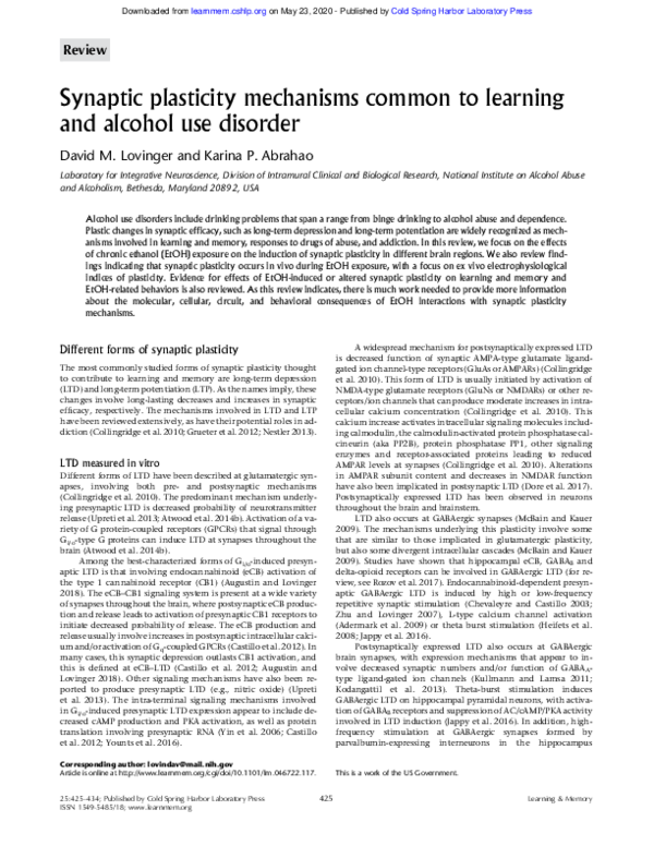 (PDF) Synaptic plasticity mechanisms common to learning and alcohol use ...