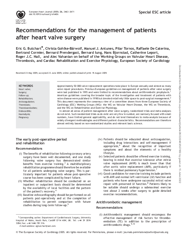 (PDF) Recommendations for the management of patients after heart valve ...