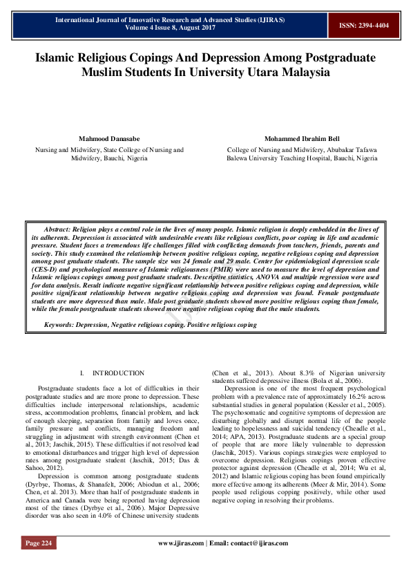 (PDF) Islamic Religious Copings And Depression Among Postgraduate ...