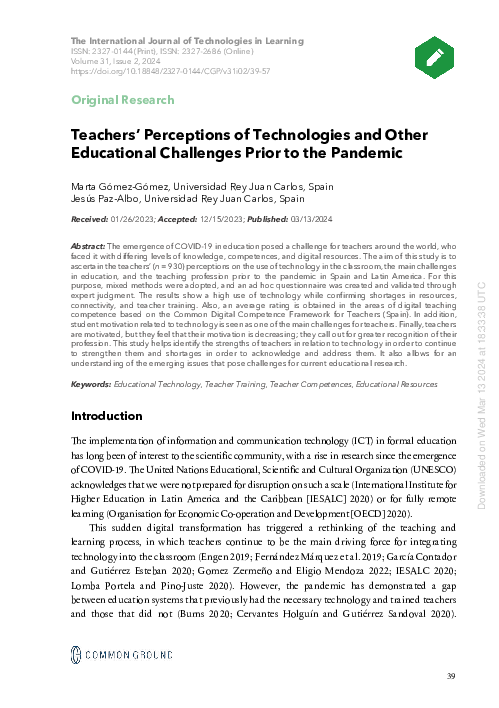 (PDF) Teachers’ Perceptions of Technologies and Other Educational ...