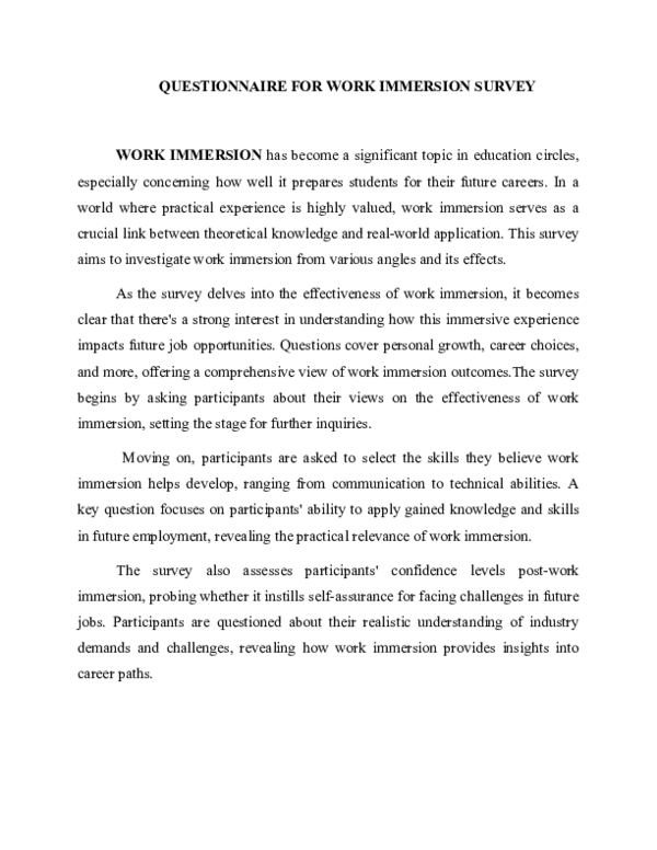 (DOC) QUESTIONNAIRE FOR WORK IMMERSION SURVEY