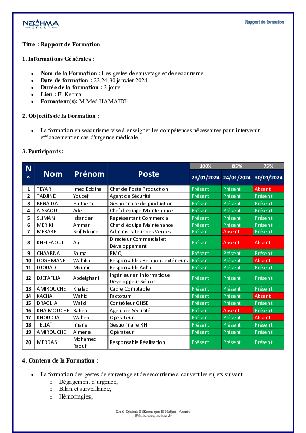 (DOC) Titre : Rapport de Formation