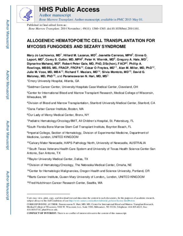 (PDF) Allogeneic hematopoietic cell transplantation for mycosis ...