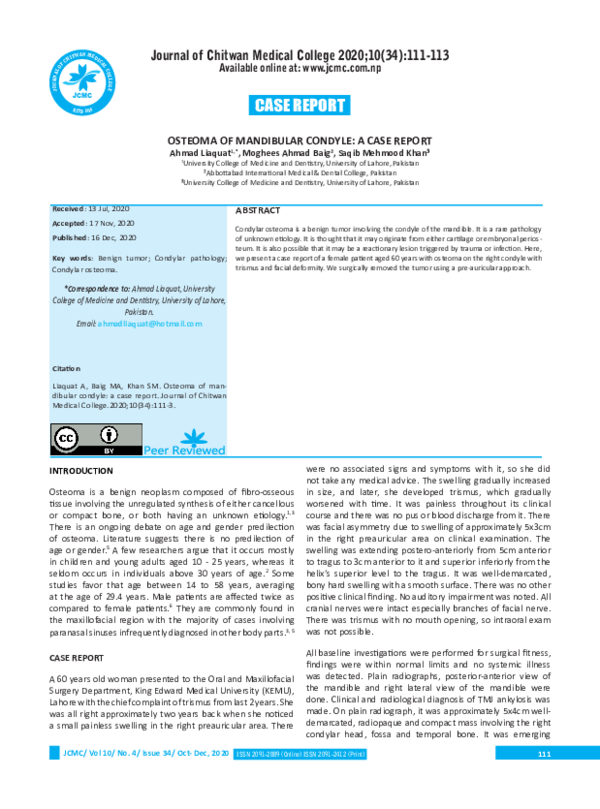 (PDF) Osteoma of Mandibular Condyle: A Case Report