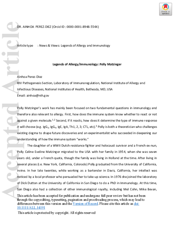 (PDF) Legends of allergy/immunology: Polly Matzinger