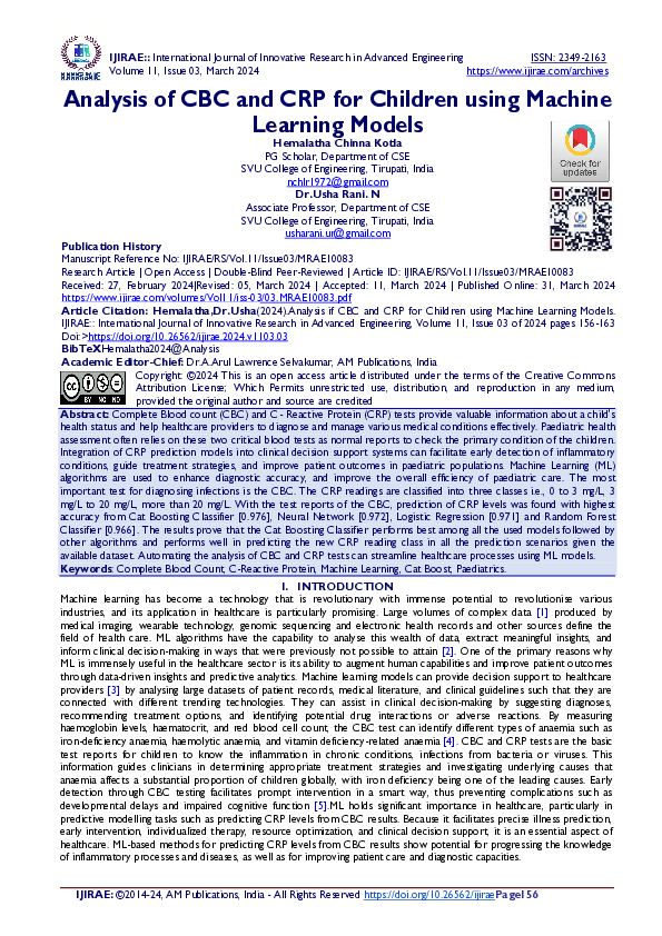 (PDF) Analysis of CBC and CRP for Children using Machine Learning Models